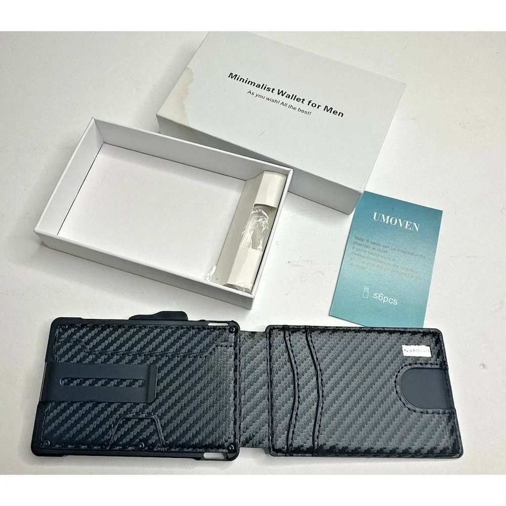 UMOVEN RFID Blocking Minimalist Wallet Carbon Fiber Style Money Clip Front